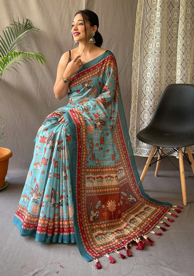 Blue Printed Cotton Saree Set