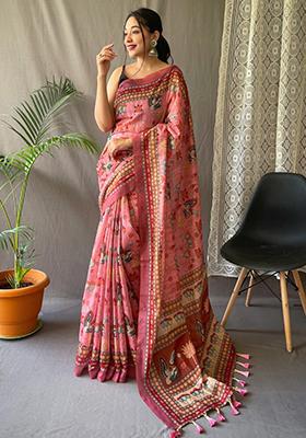 Pink Printed Cotton Saree Set