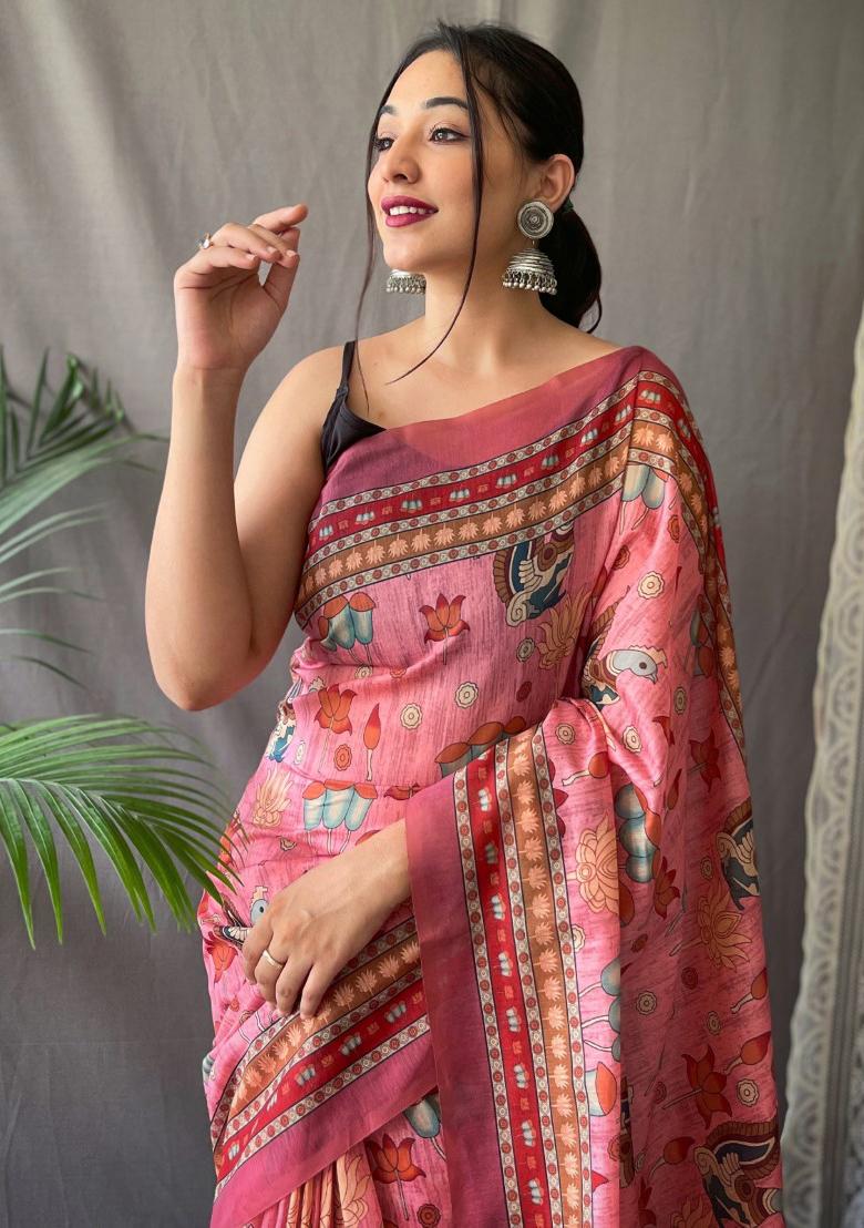 Pink Printed Cotton Saree Set