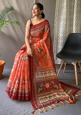 Orange Printed Cotton Saree Set
