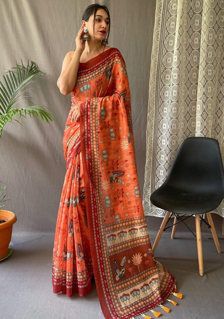 Orange Printed Cotton Saree Set