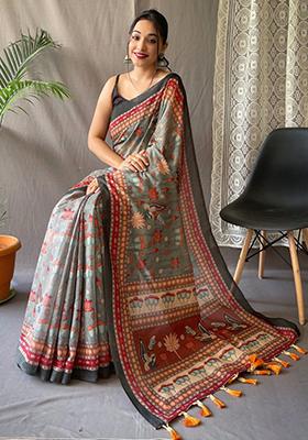 Green Printed Cotton Saree Set