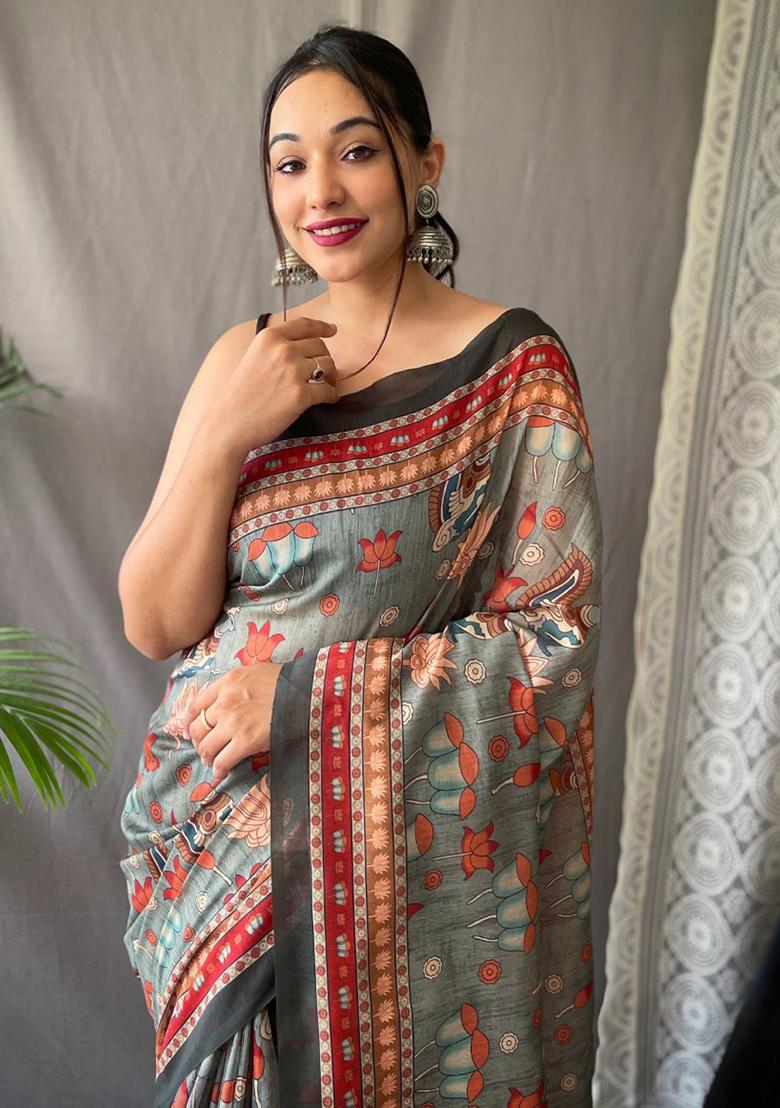 Green Printed Cotton Saree Set