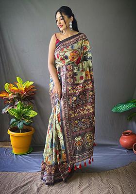 Green Printed Cotton Saree Set