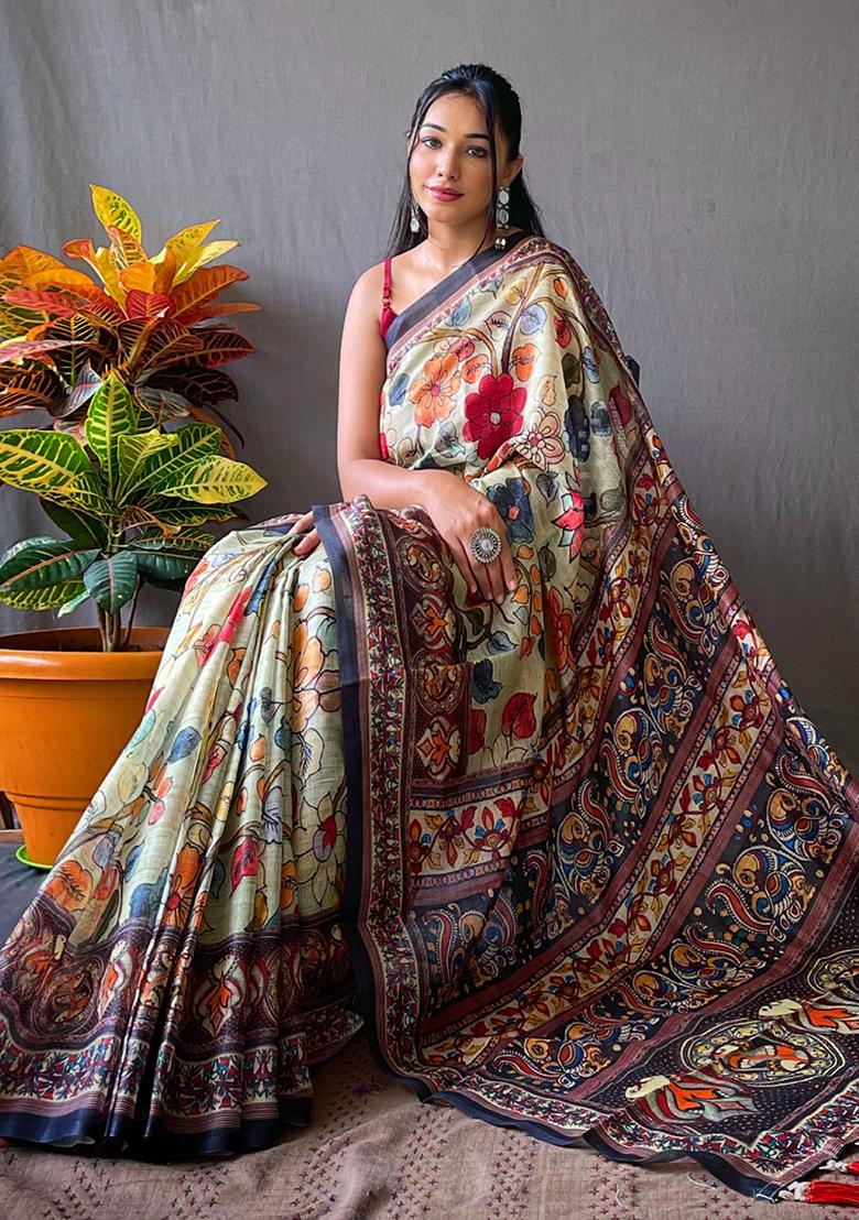 Green Printed Cotton Saree Set