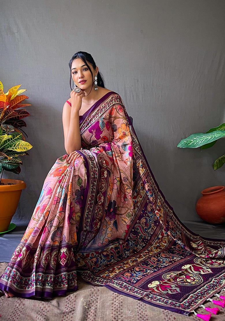 Pink Printed Cotton Saree Set