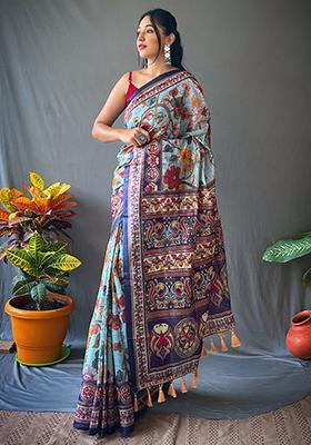 Blue Printed Cotton Saree Set