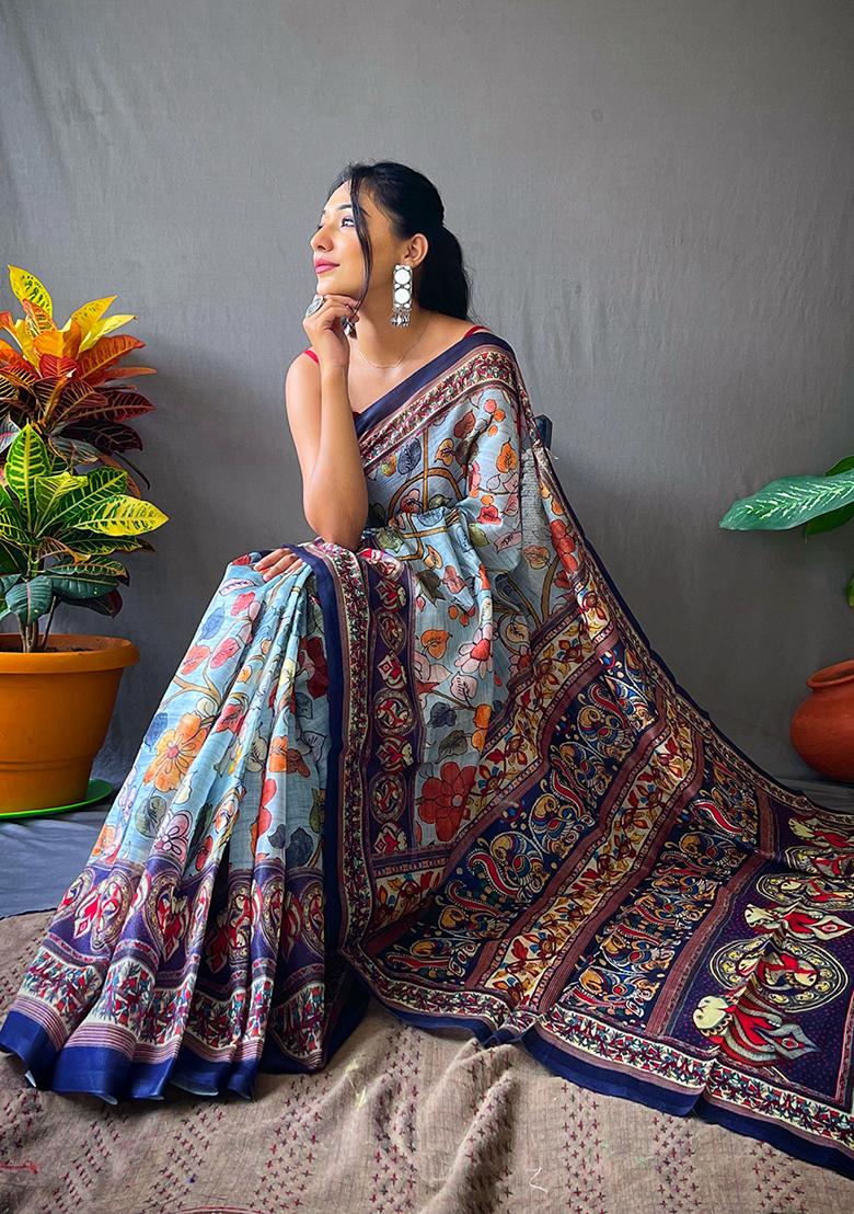 Blue Printed Cotton Saree Set