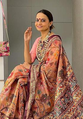 Peach Printed Cotton Saree Set