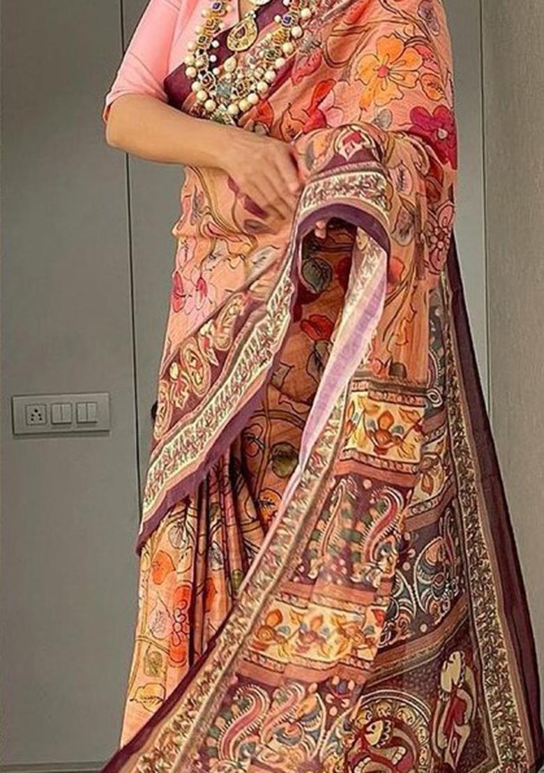 Peach Printed Cotton Saree Set