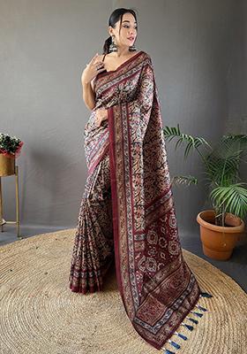 Black Printed Cotton Saree Set