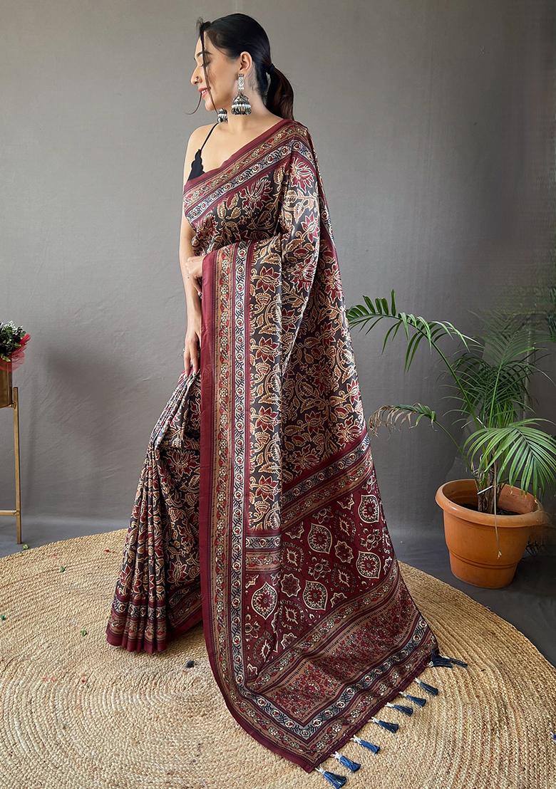 Black Printed Cotton Saree Set