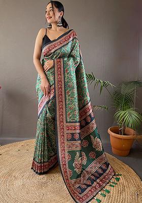 Green Printed Cotton Saree Set