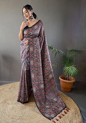 Grey Printed Cotton Saree Set
