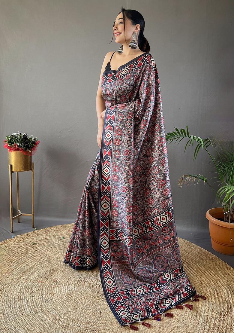 Grey Printed Cotton Saree Set