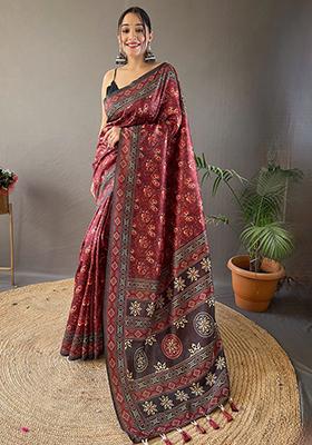 Red Printed Cotton Saree Set