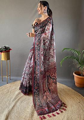 Grey Printed Cotton Saree Set