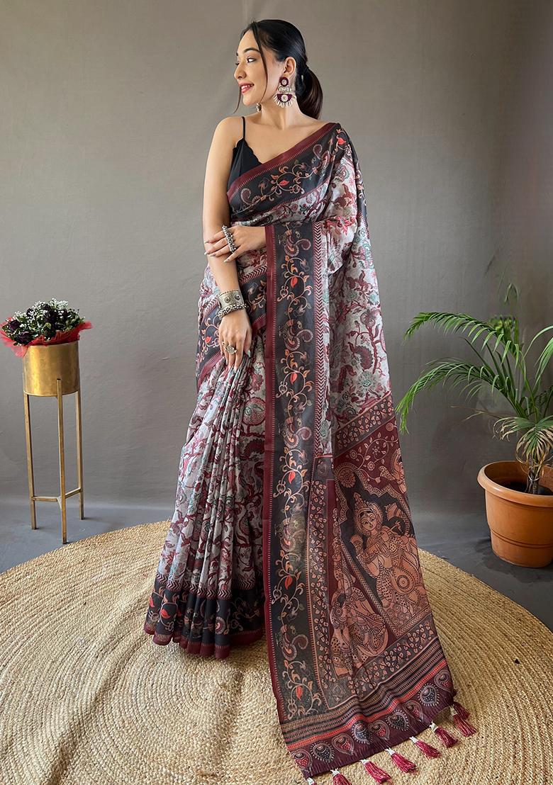 Grey Printed Cotton Saree Set
