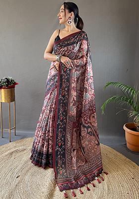 Peach Printed Cotton Saree Set
