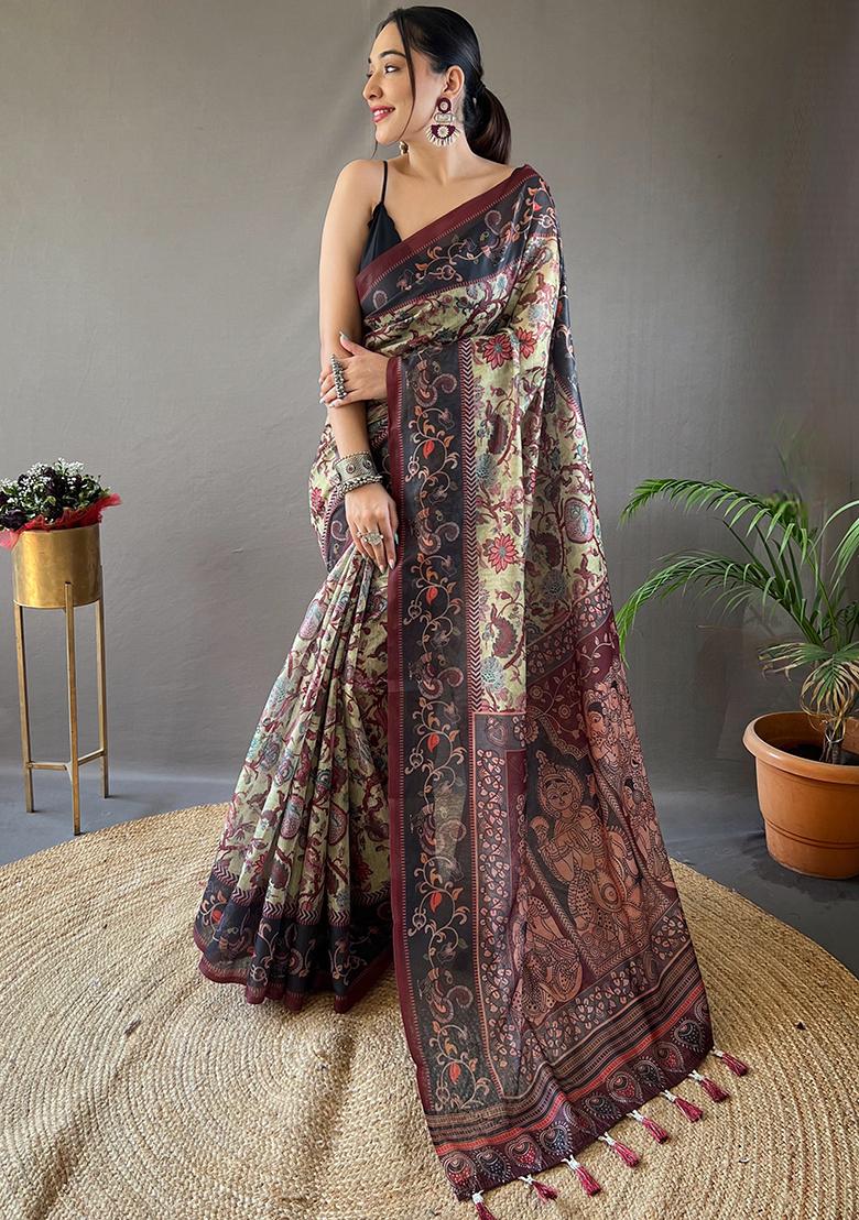 Pista Green Printed Cotton Saree Set