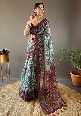 Blue Printed Cotton Saree Set