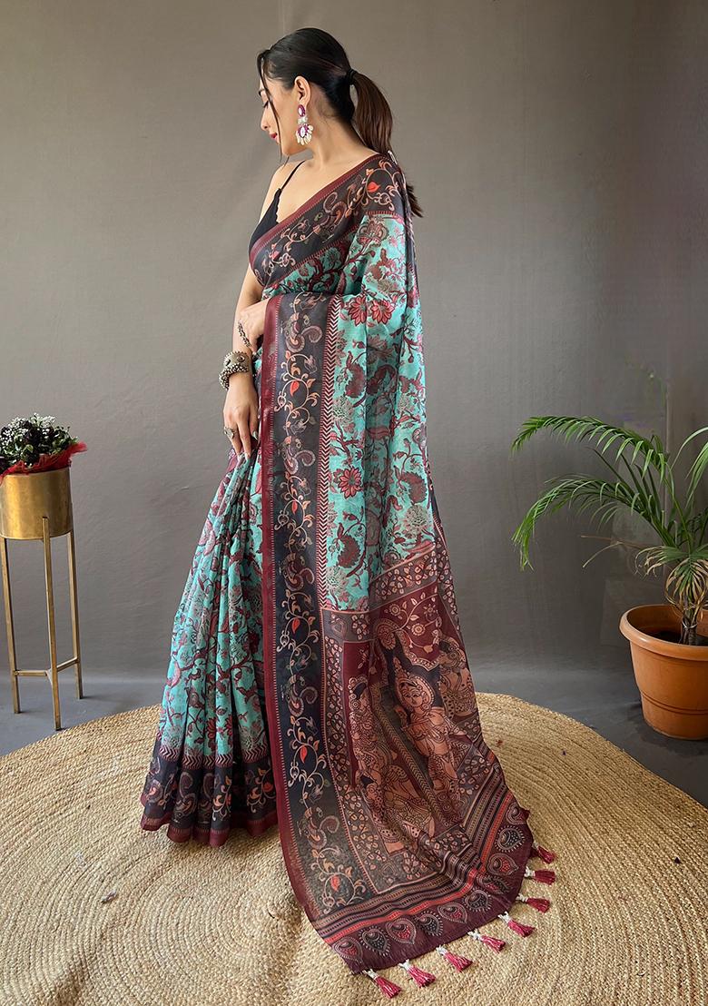 Blue Printed Cotton Saree Set