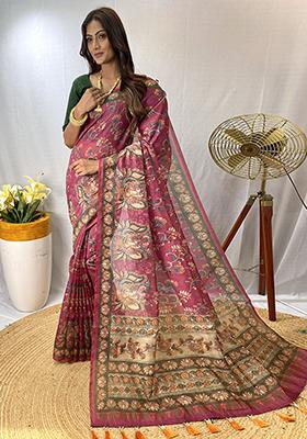 Pink Printed Cotton Saree Set