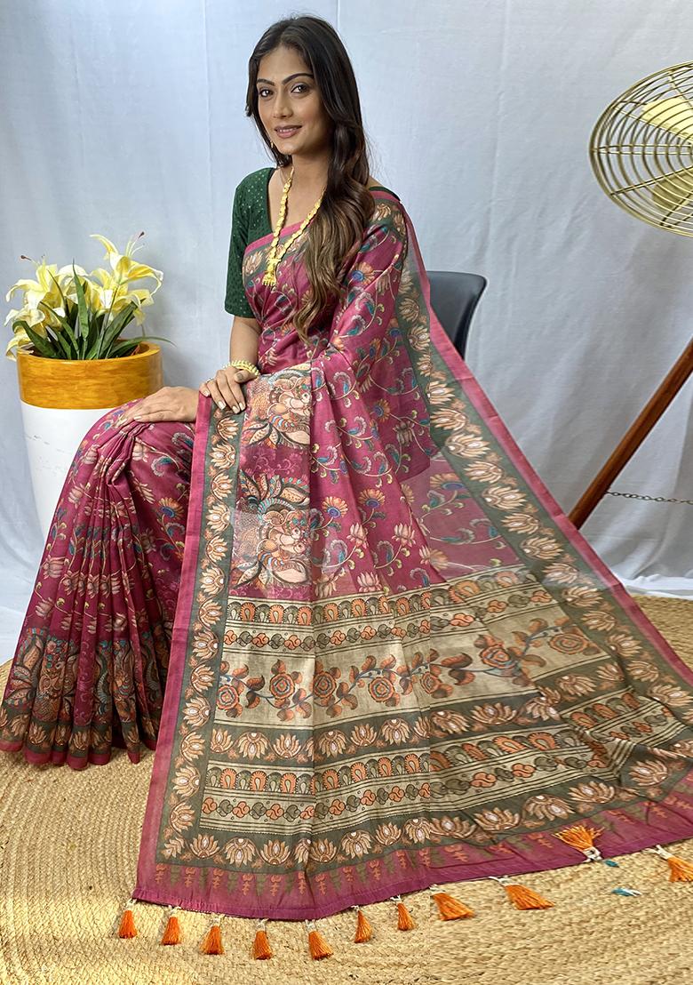 Pink Printed Cotton Saree Set