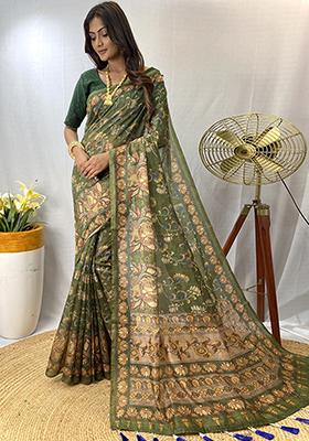 Green Printed Cotton Saree Set
