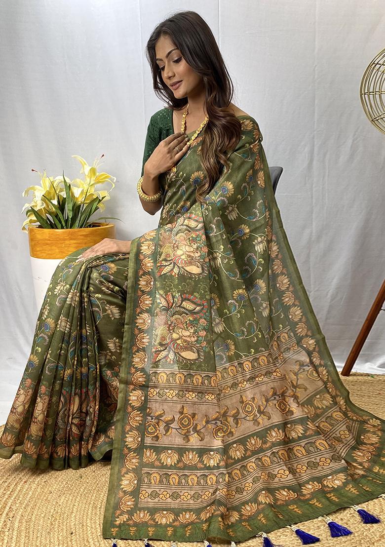 Green Printed Cotton Saree Set