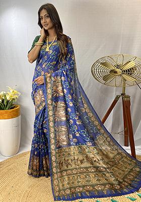 Blue Printed Cotton Saree Set