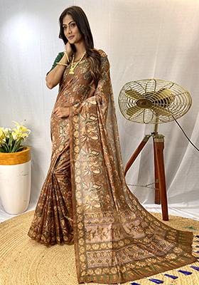 Brown Printed Cotton Saree Set