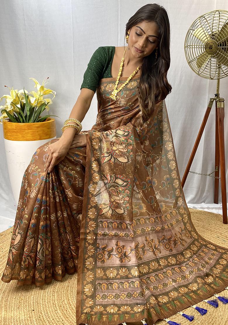 Brown Printed Cotton Saree Set