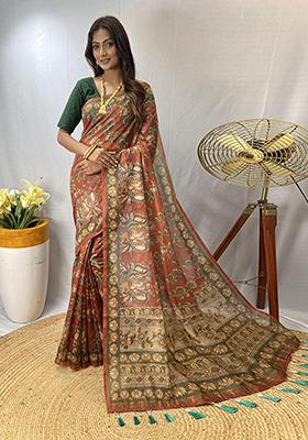Orange Printed Cotton Saree Set