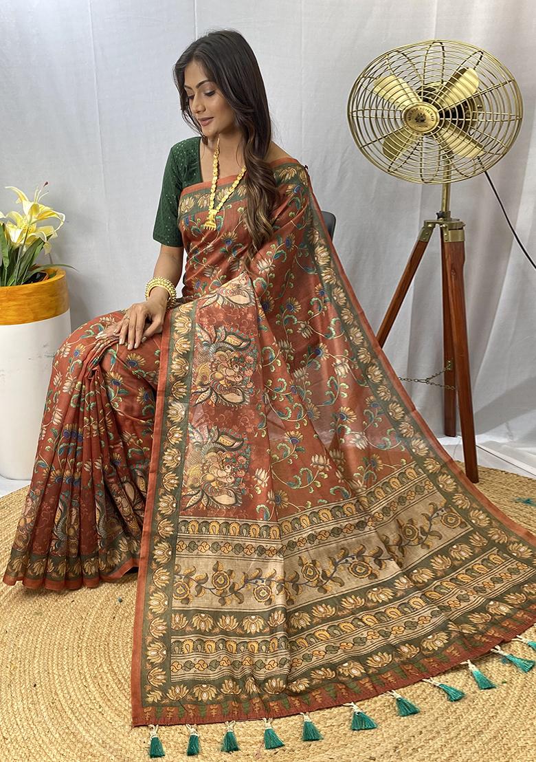 Orange Printed Cotton Saree Set