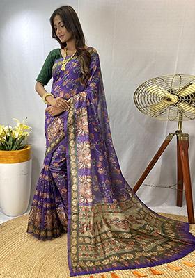 Purple Printed Cotton Saree Set