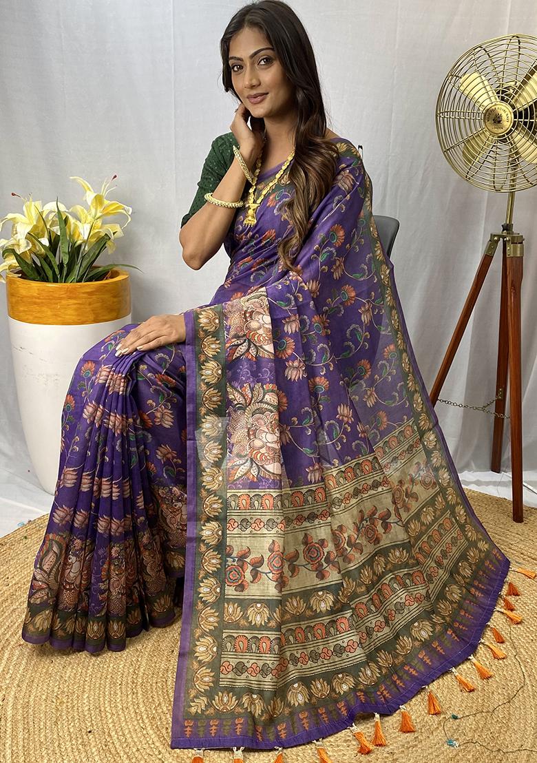 Purple Printed Cotton Saree Set