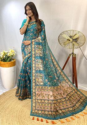 Blue Printed Cotton Saree Set