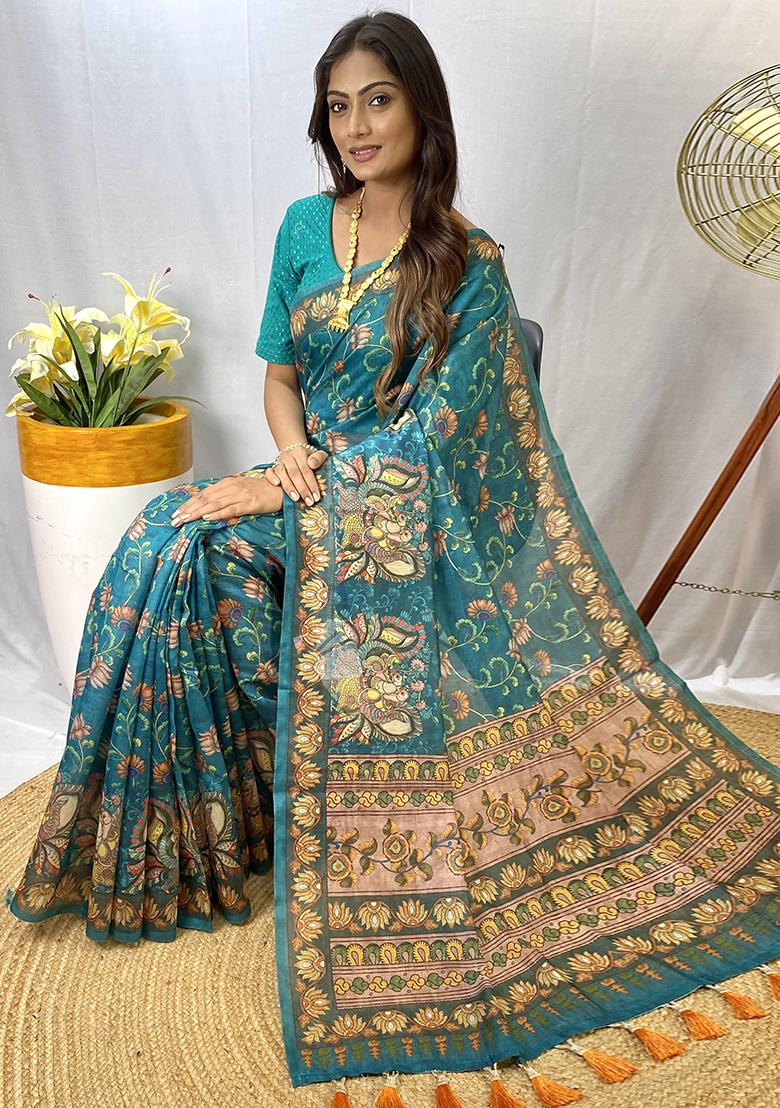 Blue Printed Cotton Saree Set