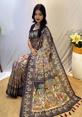 Purple Printed Cotton Saree Set