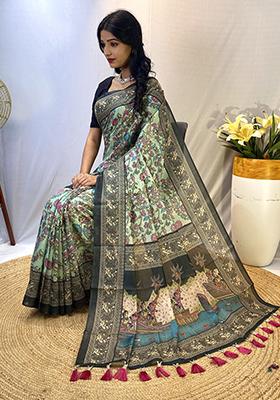 Blue Printed Cotton Saree Set