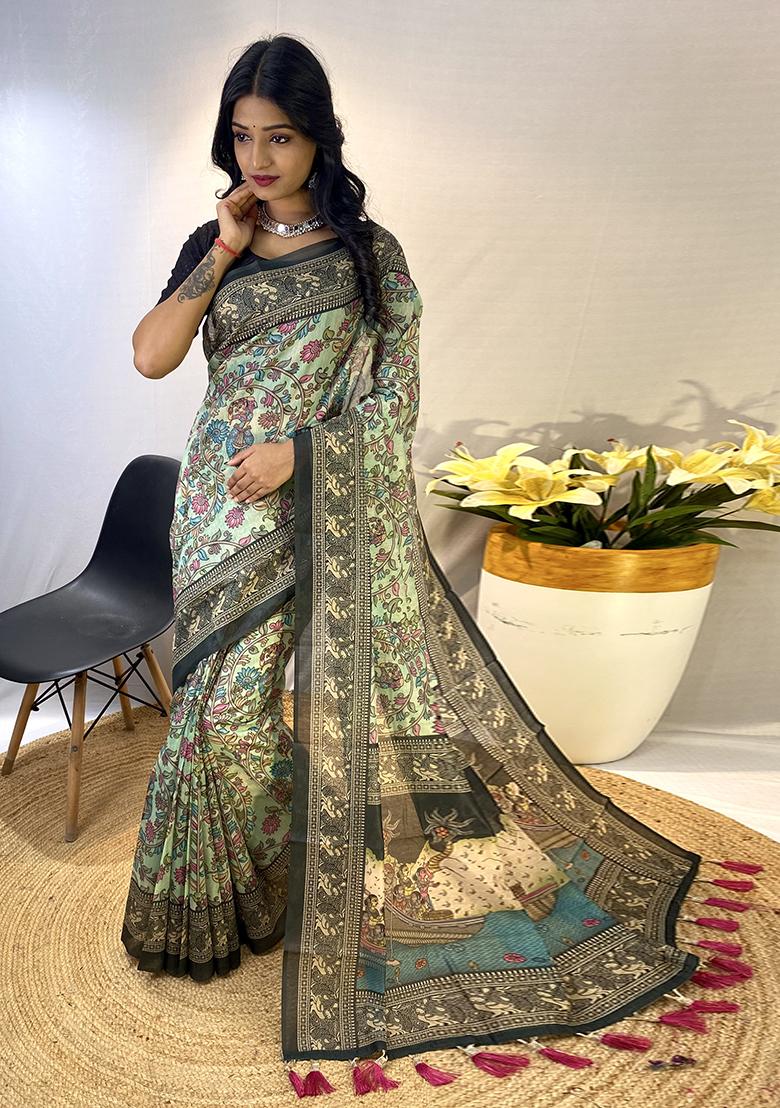 Blue Printed Cotton Saree Set