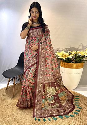 Pink Printed Cotton Saree Set