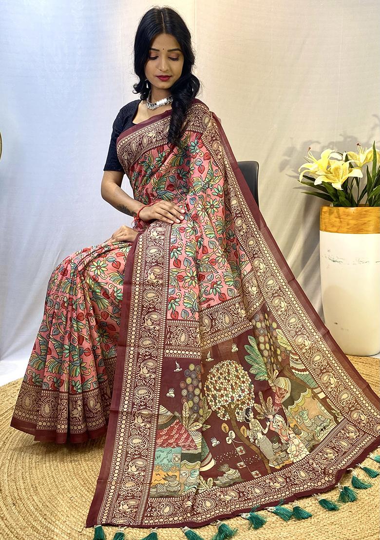 Pink Printed Cotton Saree Set