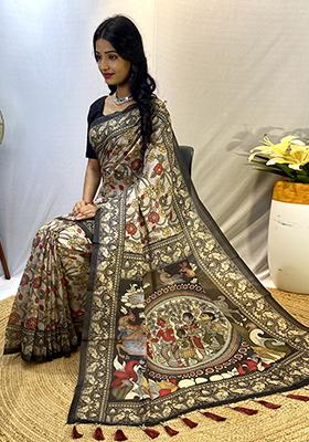 Grey Printed Cotton Saree Set