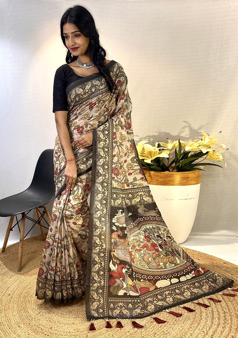 Grey Printed Cotton Saree Set