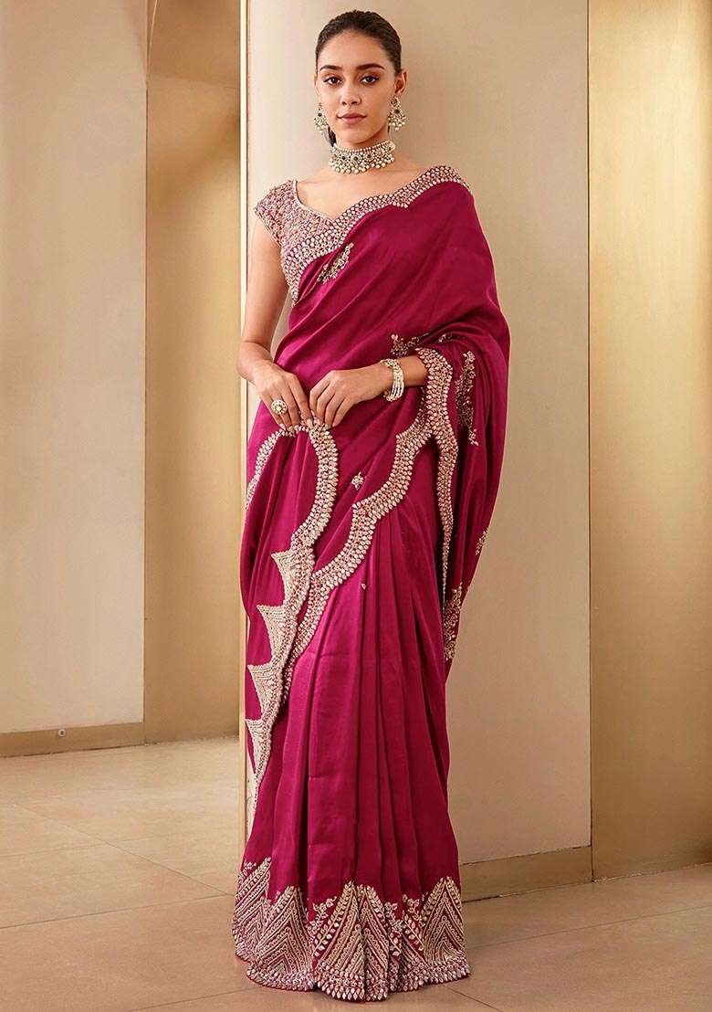 Rani Pink Vichitra Saree Set with Embroidered & Sequin for Diwali | Wedding & Festive Wear - Indya