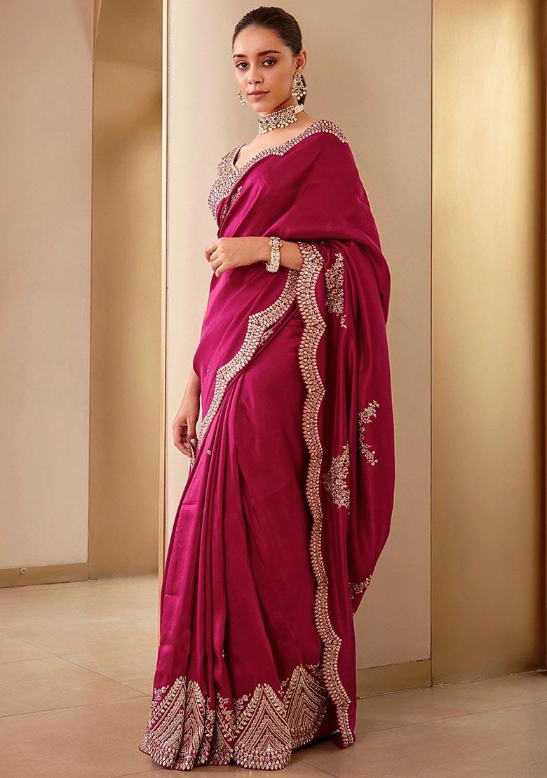 Rani Pink Sequin Embroidered Vichitra Saree Set