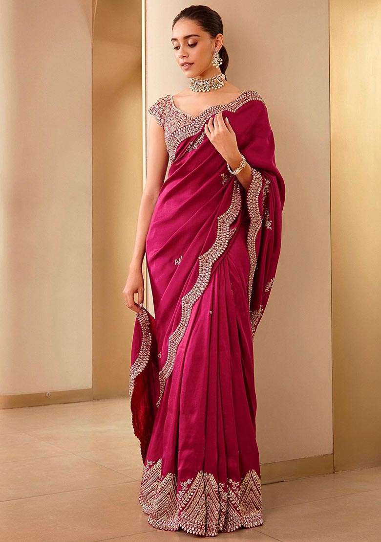 Rani Pink Vichitra Saree Set with Embroidered & Sequin for Diwali | Wedding & Festive Wear - Indya