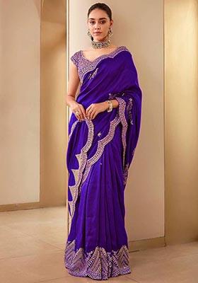 Purple Sequin Embroidered Vichitra Saree Set